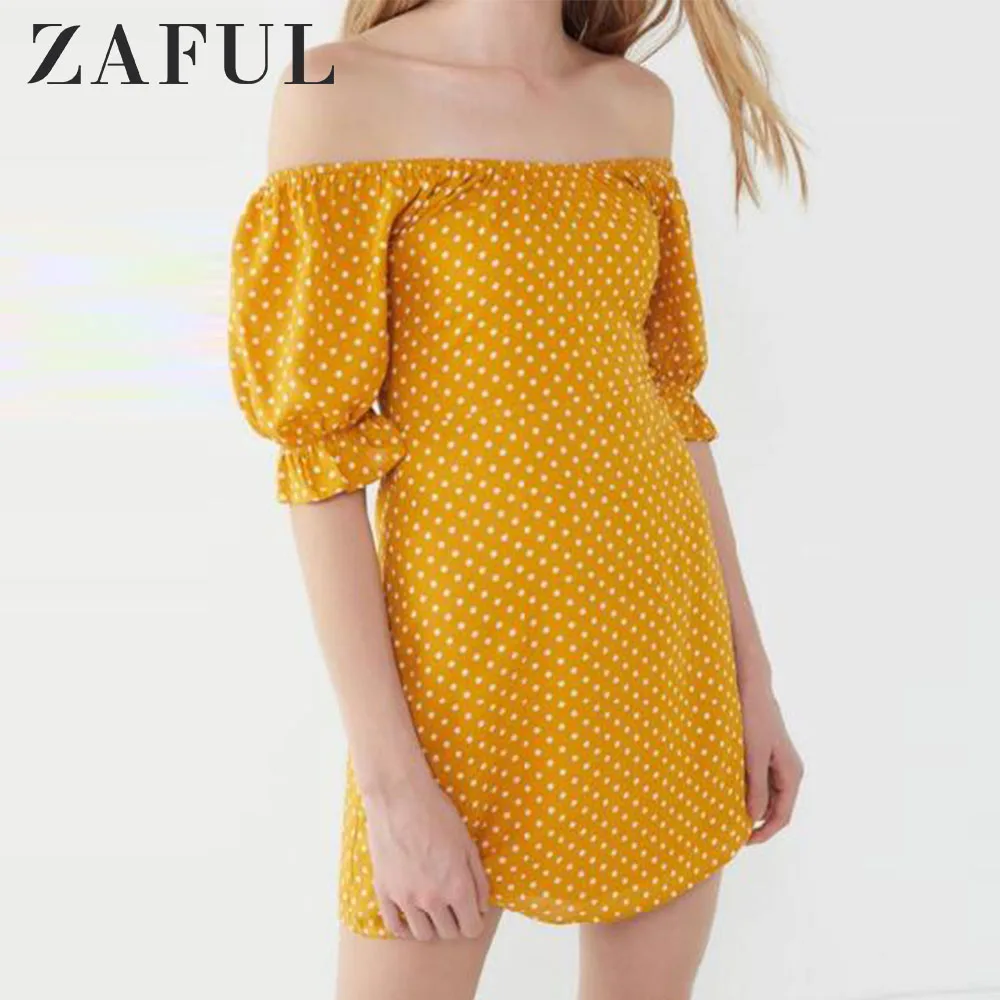 ZAFUL/платье в горошек с открытыми плечами и оборками Короткие рукава