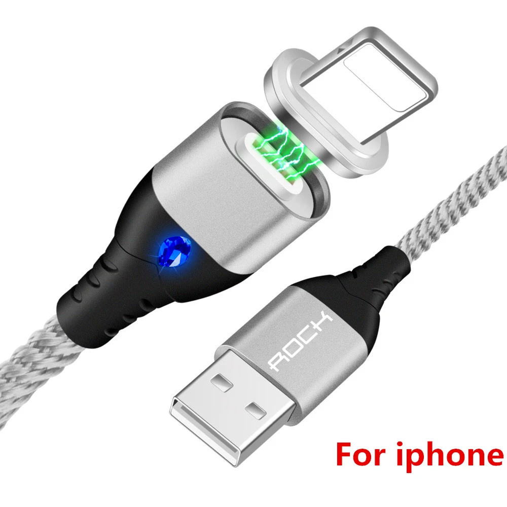 Silver For iPhone ROCK Магнитный кабель 5A супер быстрая зарядка для iPhone samsung Micro USB для Xiaomi type C кабель со светодиодной подсветкой - Цвет: Silver For iPhone