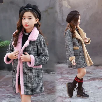 

2019 new winter item girl plaid long coat warm jacket 120-160