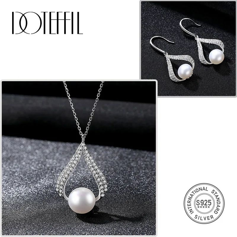 White DOTEFFIL,, жемчужный ювелирный набор, серьги/ожерелье,, 925, серебряное ожерелье, инкрустация цирконием, Женский натуральный пресноводный жемчуг, подарки - Окраска металла: White