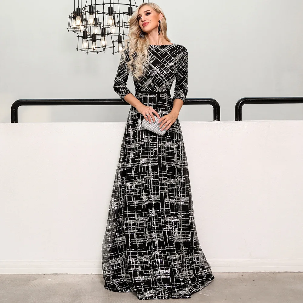Autumn Dress Sexy Celebrity Geometric Sequined Women Three Quarter O Neck Night Club Body con Party Dresses Wholesale