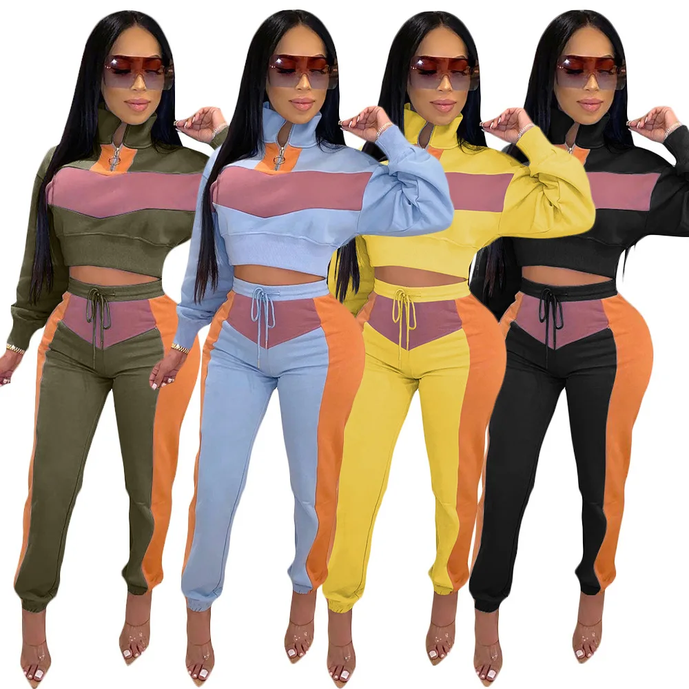 

Patchwork Contrasting Color Long-Sleeved Tops Drawstring Pants Women Suit 2020 Autumn European and American Sports 2 Piece Set