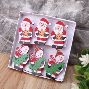 

6pcs/box Christmas Decoration Ornaments Xmas Tree Decor Snowman Wooden Clip Q1FD
