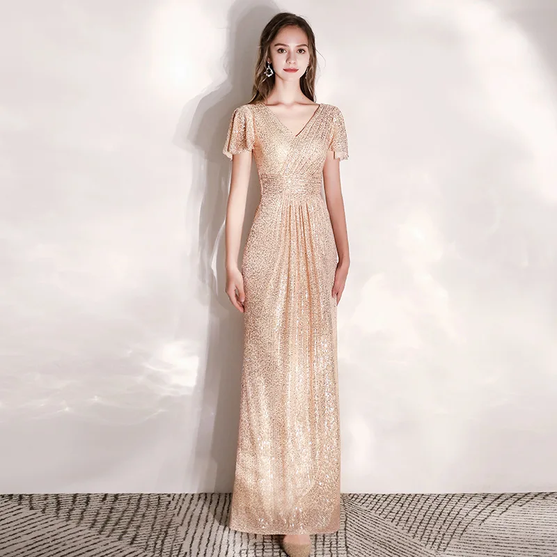 Сексуальное женское элегантное китайское платье Cheongsam, вечернее платье с v-образным вырезом, шикарное Макси-платье с блестками, роскошное Золотое Платье Vestidos De Festa