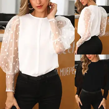 

ZANZEA Mesh Top Women's Summer Blouses Fashion Puff Sleeve Shirts Female Polka Dot Blusa Transparent Tunic Oversized White Tops