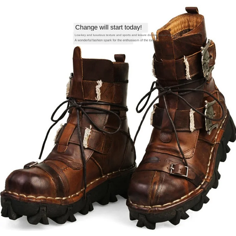 Men's Genuine Leather Motorcycle Boots Vintage Unique Ankle BootsCombat Boots Skull Punk Steam Steam Work
