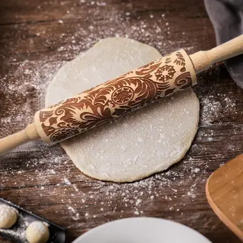 

43*5cm Christmas Embossing Rolling Pin Baking Cookies Noodle Biscuit Fondant Cake Dough Engraved Roller Elk Snowflake Wisteria