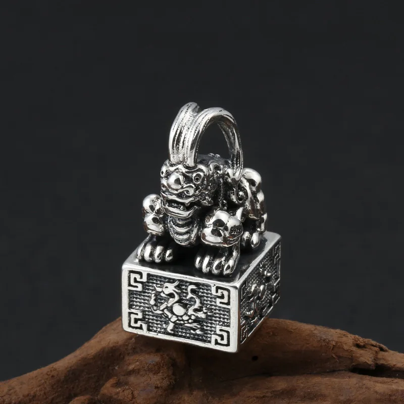 

925 Sterling Silver Pendant Jewelry For Men Thai Silver Retro Four God Beast Lucky Treasure Seal Pendant Birthday Gift