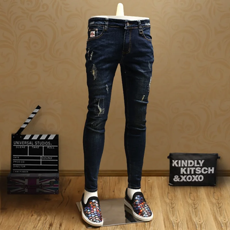 Fashion Skinny Ripped Blue Jeans Men Quality Cotton Streetwear Slim Fit Straight Stretch Denim Pants - Цвет: Dark blue