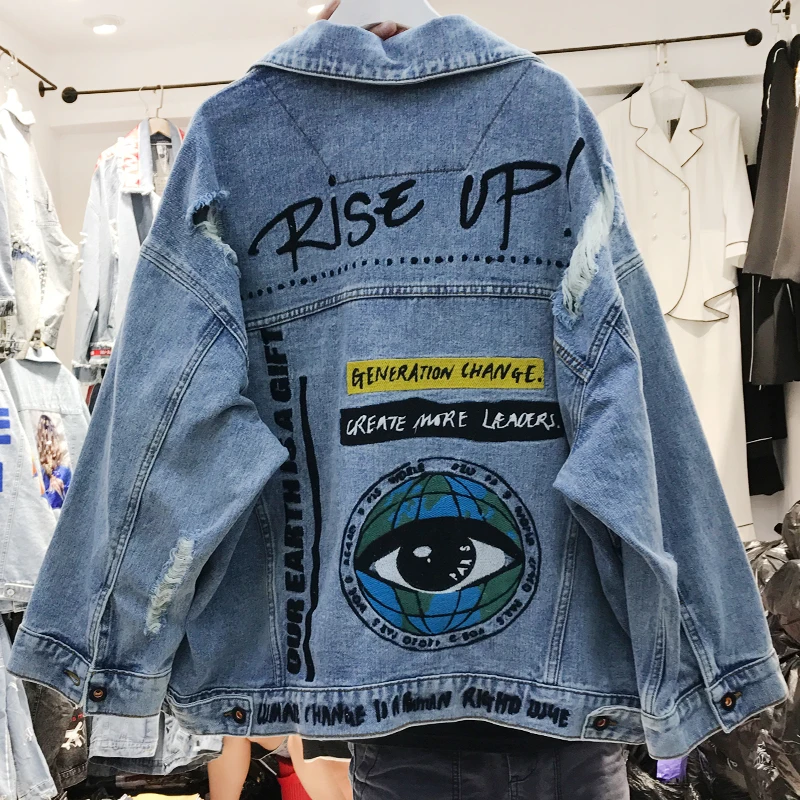 

Embroidered Denim Jacket Woman and Man Spring Autumn New Loose Bf Student Streetwear Holes Jacket Denim Coat Casaco Feminino