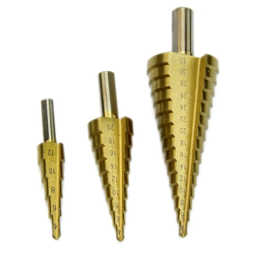 

New 3x Large HSS Steel Step Cone Drill Titanium Bit Set Hole Cutter 4-12/20/32mm