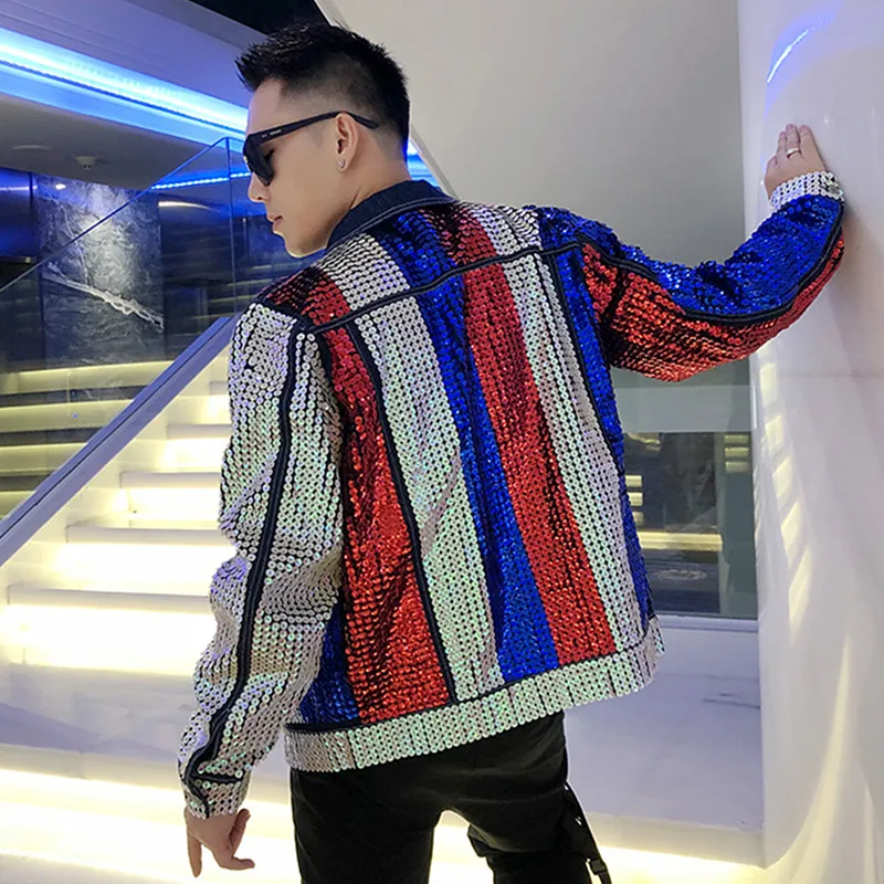 

Fashion Men Denim Jacket Multi Color Sequins Striped Cowboy Coat Male Stage Singer Performance Jeans Wear Bar Nightclub Jackets