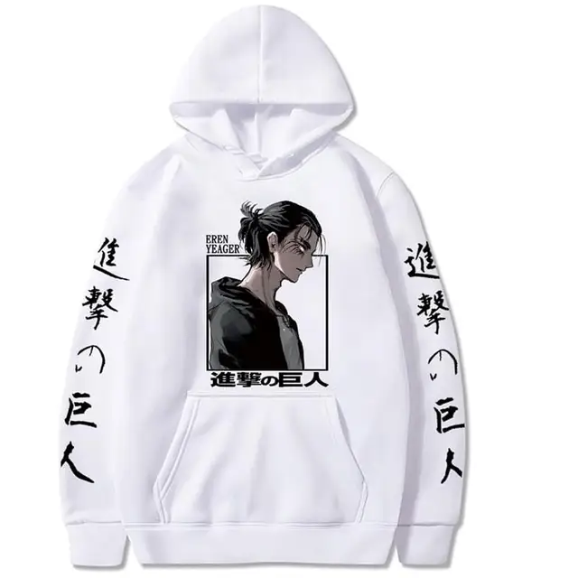 Attack on Titan Eren Yeager Anime Hoodie Men Women Streetwear Hip Hop Unisex Sweatshirt Harajuku Oversized Hoody Tops White