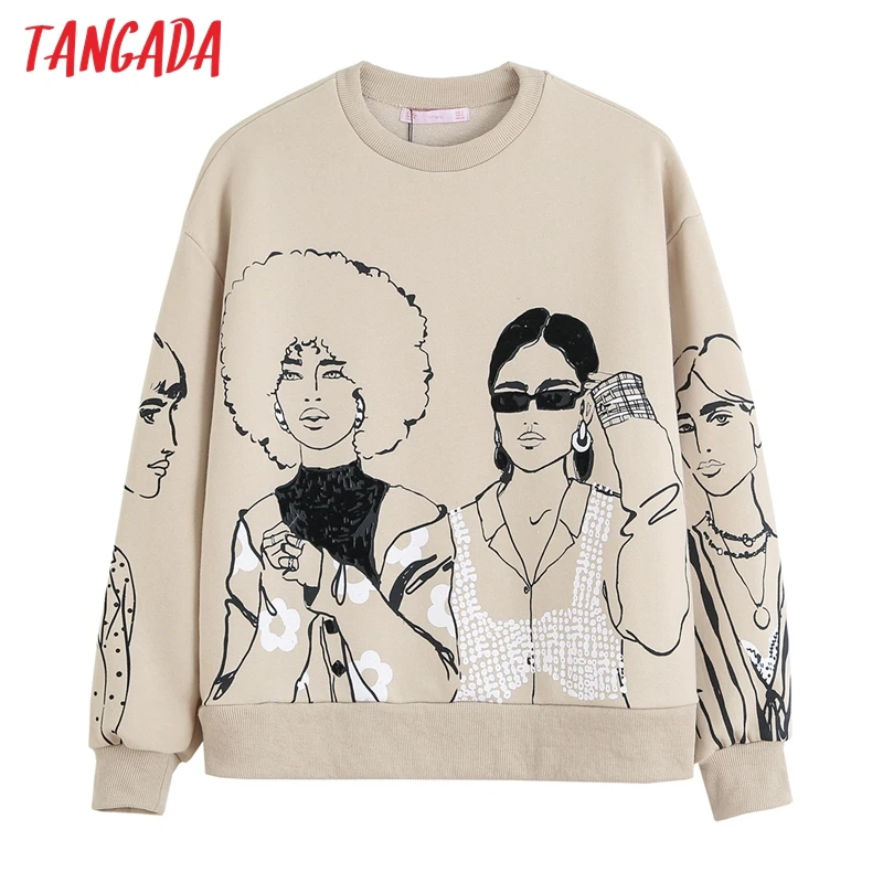 

Tangada Women Charater Print Gray Sweatshirts Oversize Long Sleeve O Neck Loose Pullovers Female Tops 4H1