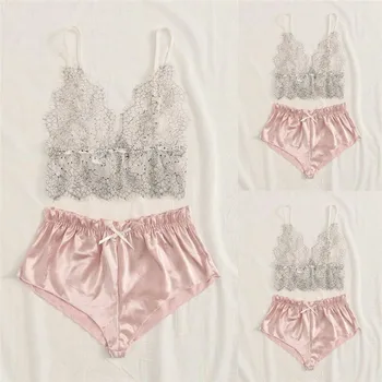 

Women Lingerie Pyjamas Homewear Set Sleepwear Nightwear Loungewear Pajamas Silk Pijamas Sleepwear Deep V Sling Lingerie Set