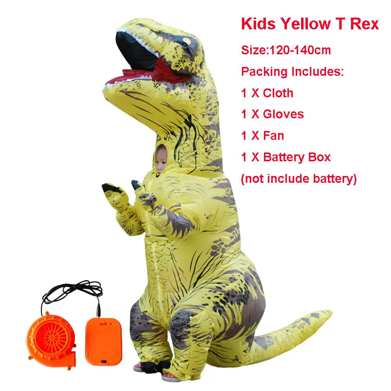 kids yellow Надувной костюм динозавра для взрослых, T-REX, карнавальный костюм динозавра, костюм на Хэллоуин для мужчин и женщин, вечерние костюмы - Цвет: kids yellow
