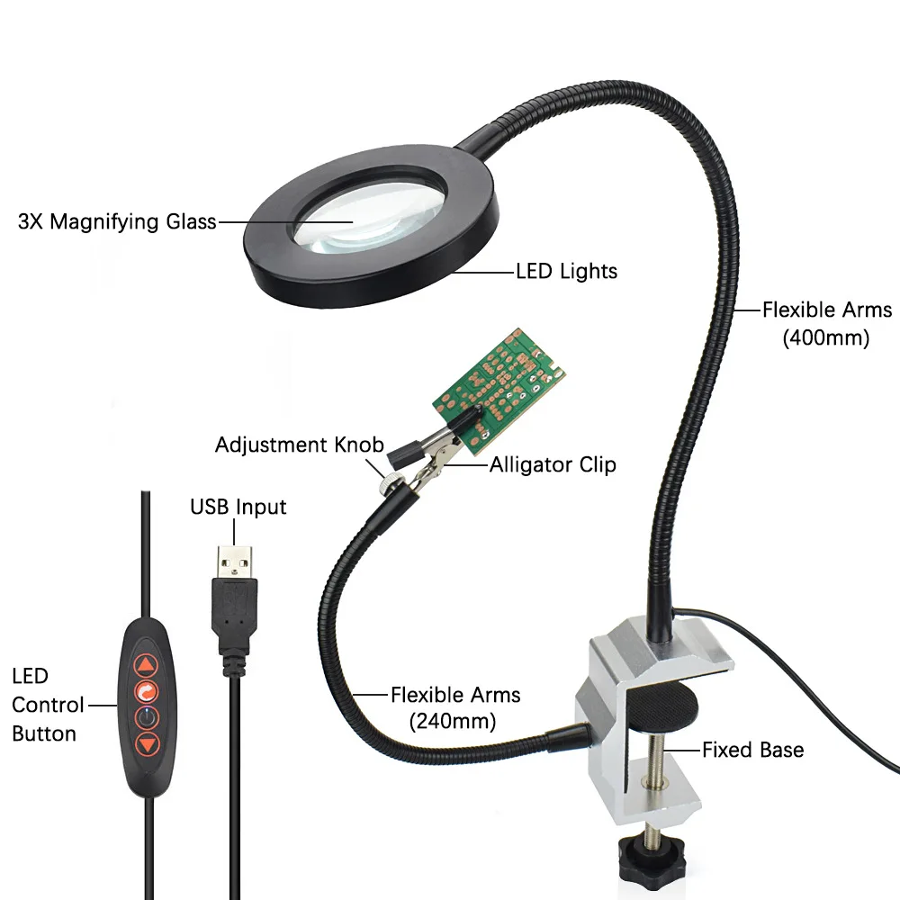 

New LED 3X Magnifier Bench Vise Table Clamp Soldering Helping Hand Soldering Station USB Interface Flexible Arms Third Hand Tool