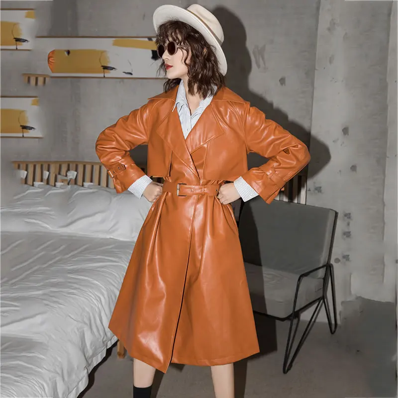 Heydress модный тонкий Тренч из искусственной кожи кортекс женский костюм с поясом и воротником уличная одежда осень зима Топ для женщин