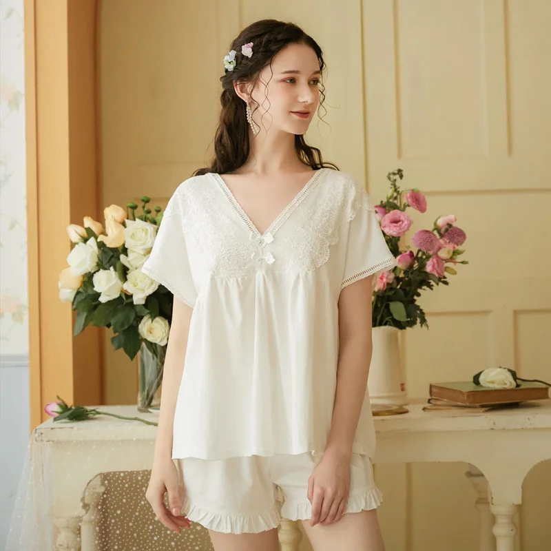 

Летние кружевные пижамные комплекты из 100% хлопка для женщин, шорты с коротким рукавом, одежда для сна, пижама, домашняя пижама Mujer, домашняя одежда