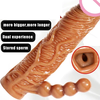 Double Anal Penis Extender Sleeve Wearable Hollow Dildo Penis Condom Reusable Dick Cock Enlargement Extension Sex Toys For Men 2