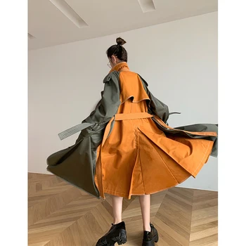 

Trench Coat Women Fashion Turn-down Collar Contrast Color Patchwork Fake Two Pieces Belt Long Coats Plus Size Casaco Feminino