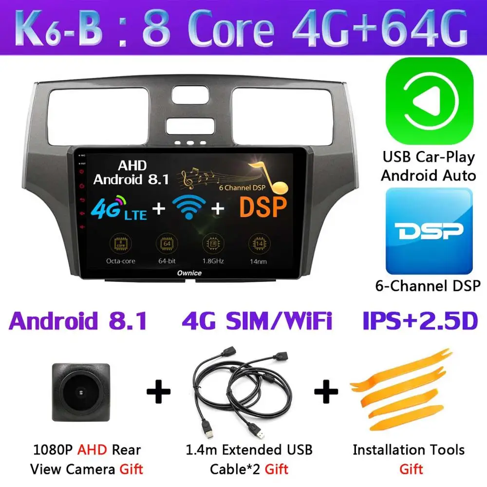K6-B-CarPlay 360 ° панорамный Android 9,0 4G+ 64G Автомобильный мультимедийный плеер для Lexus ES ES250 ES300 ES330 2004-2006 gps компактное минирадио SPDIF CarPlay Auto - Цвет: K6-B-CarPlay