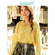 INMAN New Arrival V-neck Lacing Retro Literary Loose Long Sleeve Women Blouse