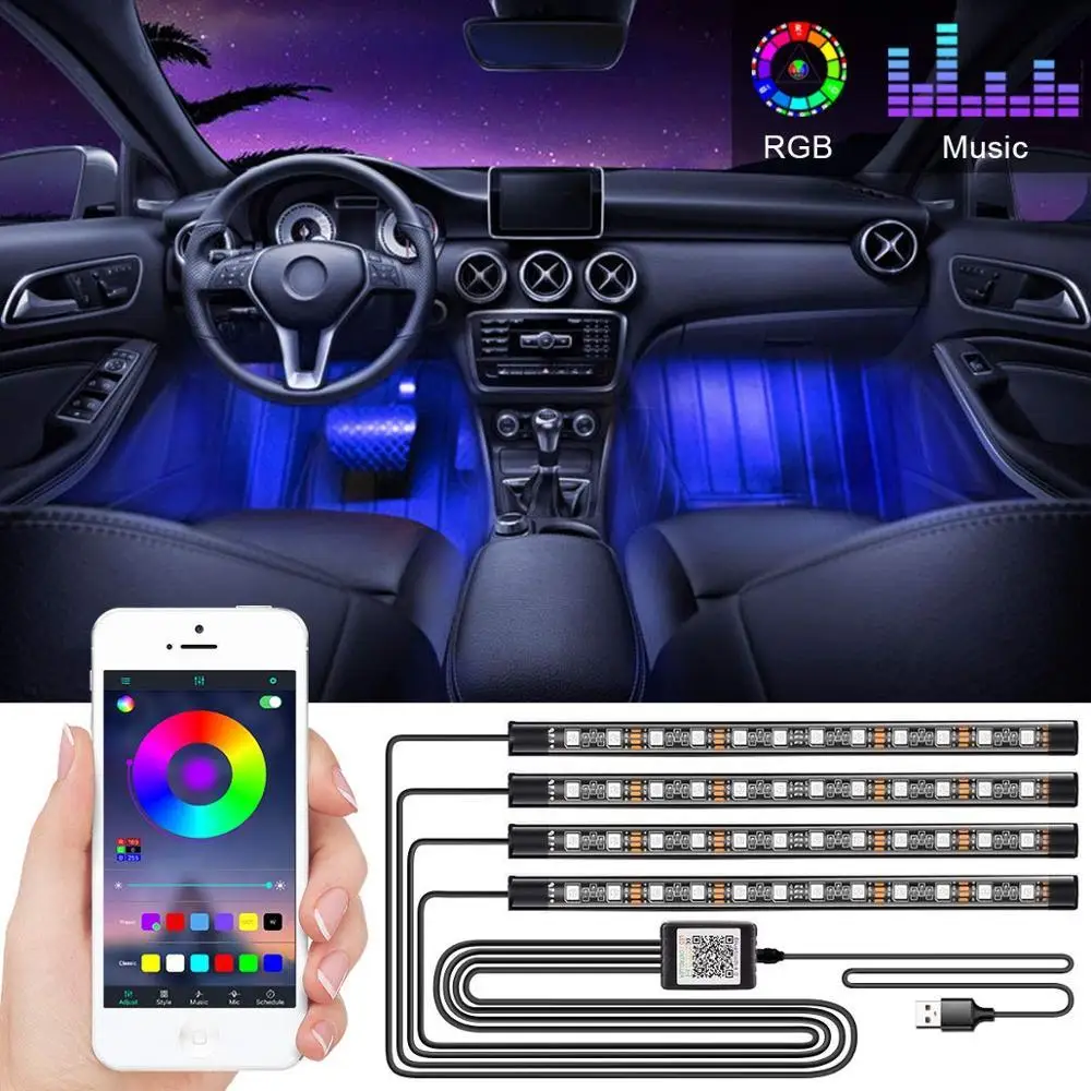 Auto LED RGB Interior Atmosphere Strip Light Decorative Foot Lamp With USB Wireless Remote Music Control Multiple Modes For Car |