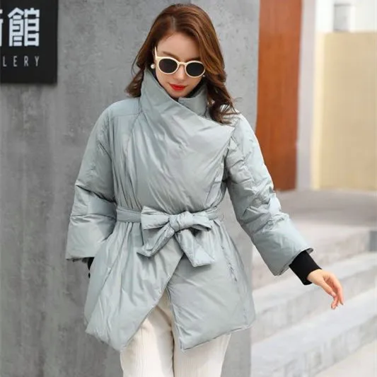 

Autumn and winter new style fashion simple big lapel waist waist thin section thick down jacket women warm short jacket