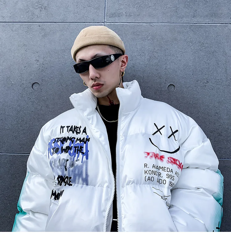 Хип-хоп Куртка парка улыбка лицо печати Мужская ветровка уличная Harajuku зимняя стеганая куртка теплая куртка Толстая новая