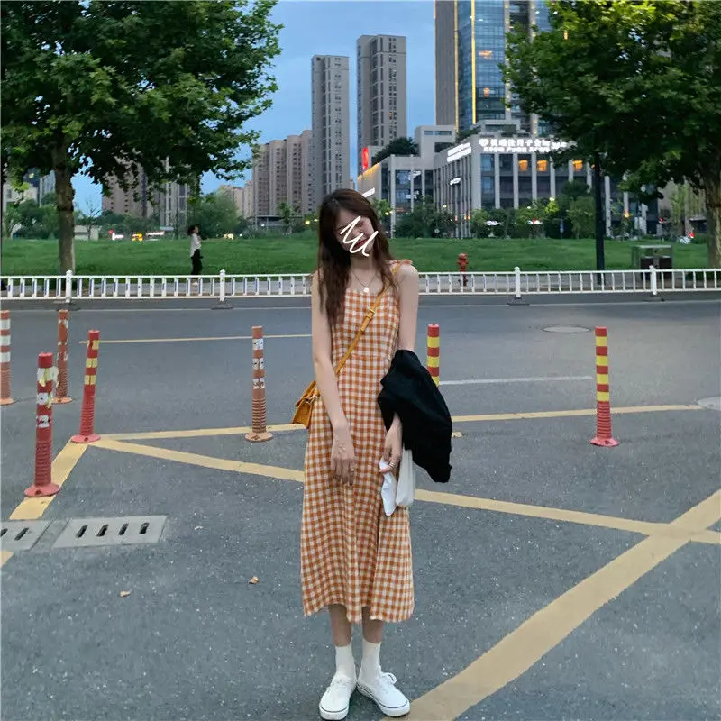 Sleeveless Dress Women Plaid Vintage Spaghetti Strap Streetwear Retro Elegant Long Dresses Korean Style All-match Cute Side Slit wedding guest dresses