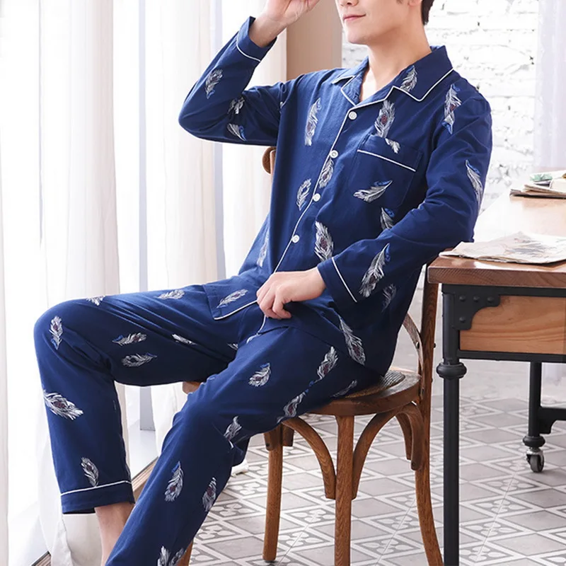 Simple Long Sleeve Cotton Top Pant Men's Pajama Sets