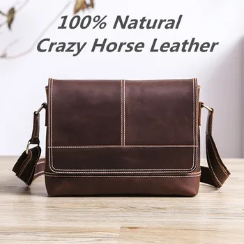 

Luxury Natural Crazy Horse Leather Shoulder Bag Vintage Pure Handmade Genuine Leather Men Messenger Bags