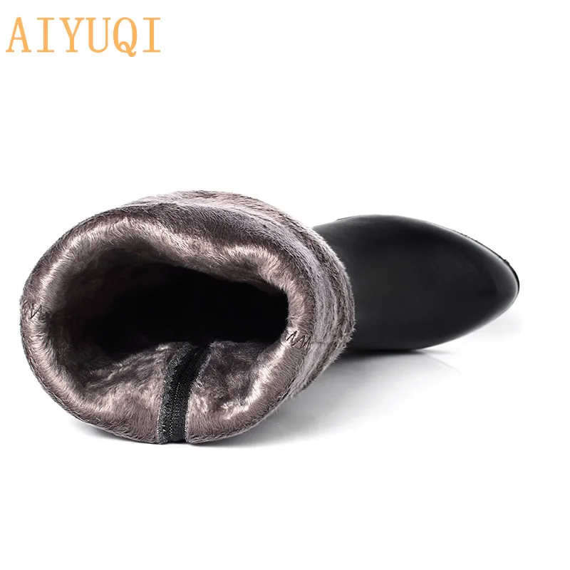 AIYUQI; Новинка года; Зимние Сапоги выше колена; женская обувь; женские кожаные сапоги до бедра; пикантные женские сапоги на высоком каблуке - Цвет: black fluff