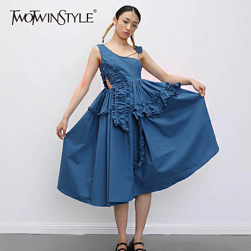 TWOTWINSTYLE Casual Irregular Women Dress Asymmetrical Collar Sleeveless Hollow Out Patchwork Ruffle Midi Dresses For Female New TWOTWINSTYLE Casual Irregular Women Dress Asymmetrical Collar Sleeveless Hollow Out Patchwork Ruffle Midi Dresses For Female New