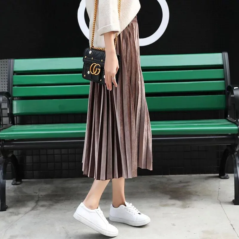 Осенне-зимняя винтажная юбка миди с высокой талией, эластичные Повседневные Вечерние женские юбки, длинная бархатная юбка цвета металлик, серебристый, зеленый, золотой