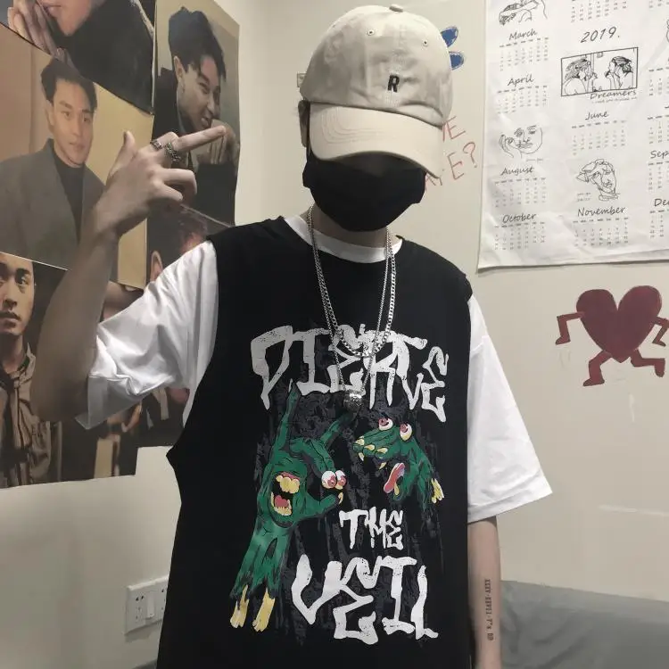 Летняя Корейская Ins Harajuku уличная хип хоп безрукавка с принтом Свободная верхняя одежда футболка топы Мужские Женские Harajuku Повседневная 30bx
