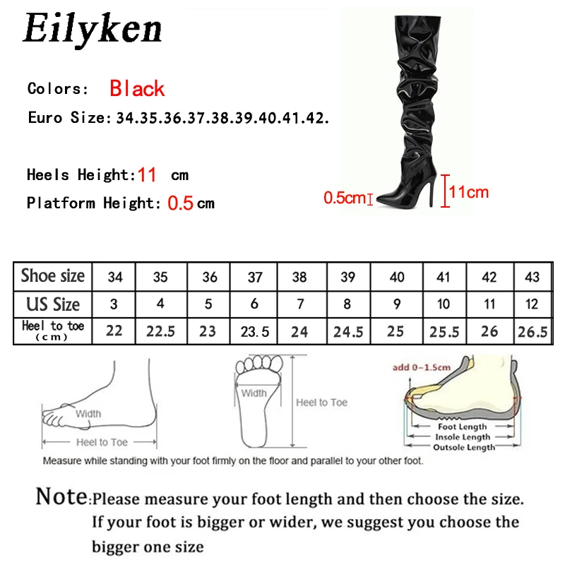 Eilyken New Thigh High Boots Fashion Patent Leather Pointed Toe Zip Female Stiletto Heels Pleated Design Women's Shoes