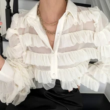 

Retro Fashionable Collar 2021 Design Sense Stitching Cake Top Women Spring New Single-breasted Loose Lantern Sleeve T-shirt