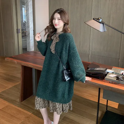 

2019 Autumn And Winter New Style Lantern Sleeve Green Sweater + Floral-Print Chiffon Skirt Two-Piece Set Loose Laziness Wind WOM