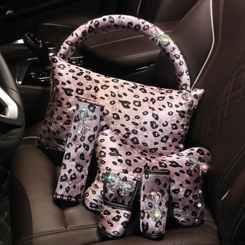 

Plush Leopard Printing Car Seat Belt Cover Pad Neck Pillow Waist Support Steering Wheel Cover Auto Interior Accessories