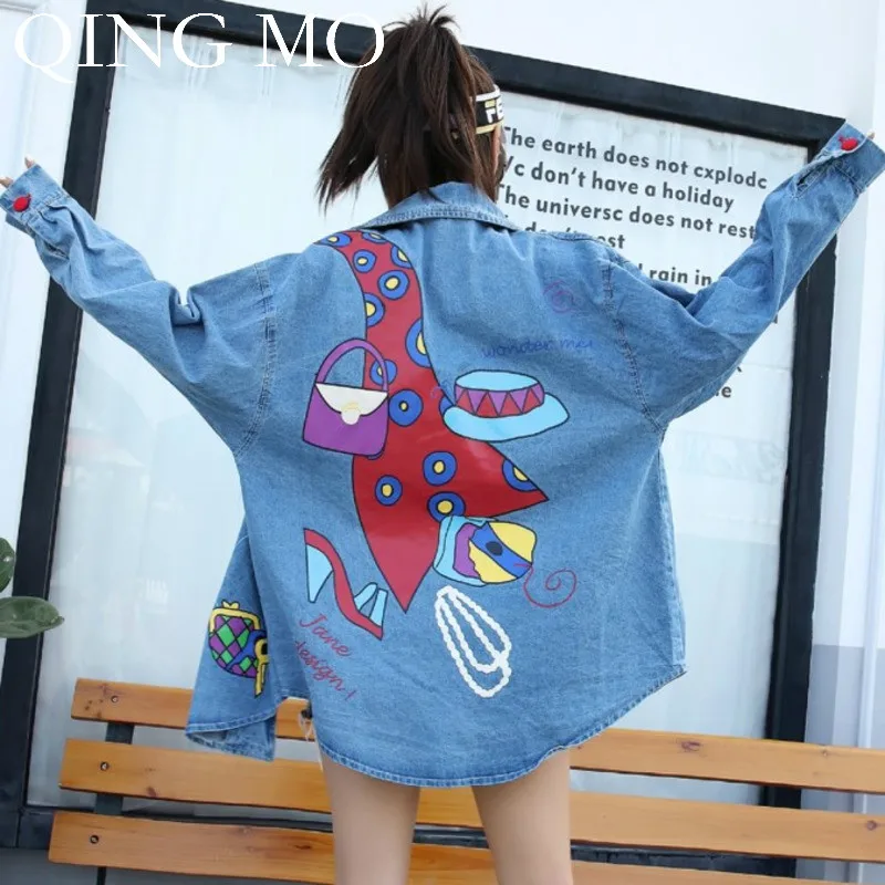 QING MO женское джинсовое пальто с индивидуальным принтом 2019 весенне-осеннее женское однобортное пальто с отложным воротником шикарное ZQY1205