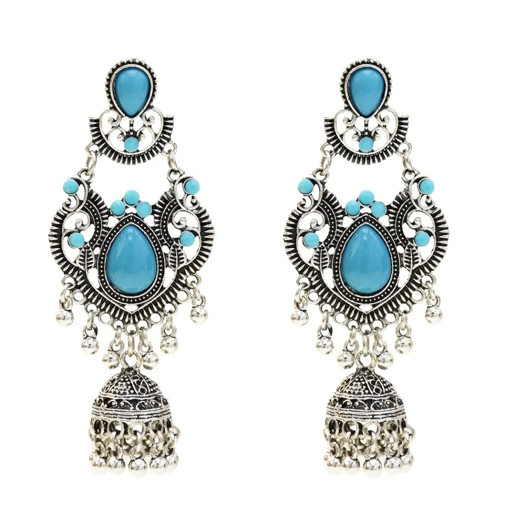 Большие винтажные серебряные серьги jhumka для женщин Boho синие Черные Каменные колокольчики кисточкой Висячие серьги Афган индийские массивные ювелирные изделия