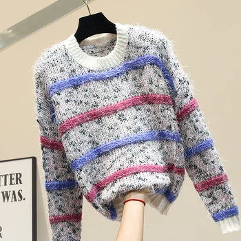 

Fashion Coloured Striped Pullover Female O-neck Knitted Sweater Autumn Women's Knitting Jackets Girls Lady Loose Casual Sweaters