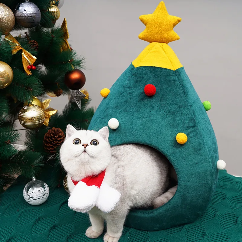 

Pet House Cat Christmas Tree Lantern Shape Bed Dog Nest Puppy Cave Washable Mat Warm Soft Winter Cat House Pet Supplies Bed