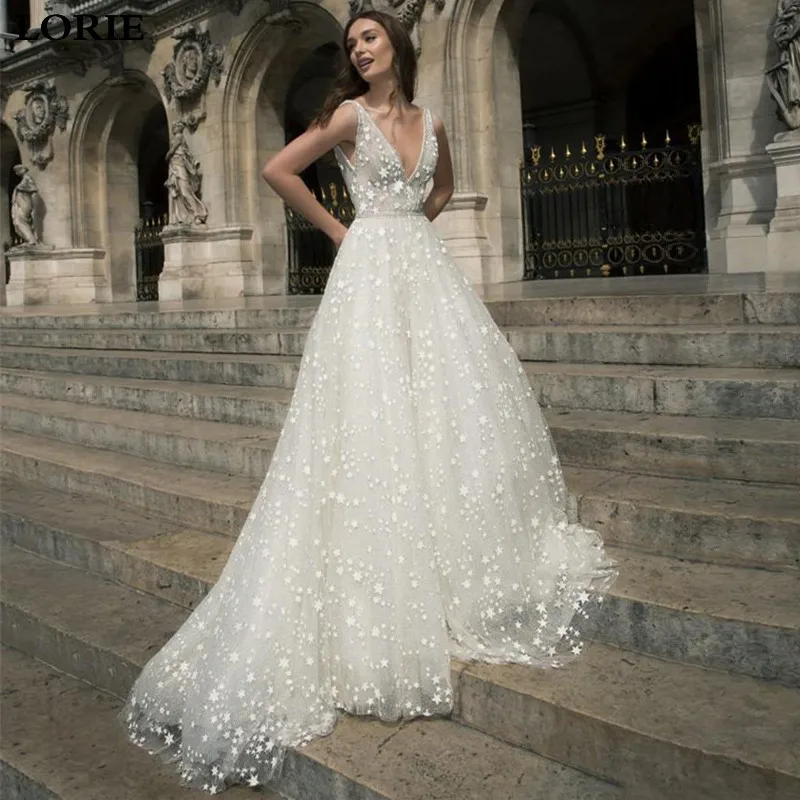 LORIE EEN Lijn Boho Trouwjurken Sterren Tulle Sexy Bridal Wedding Gown Diepe V-hals s Vestidos de novia Custom gemaakt