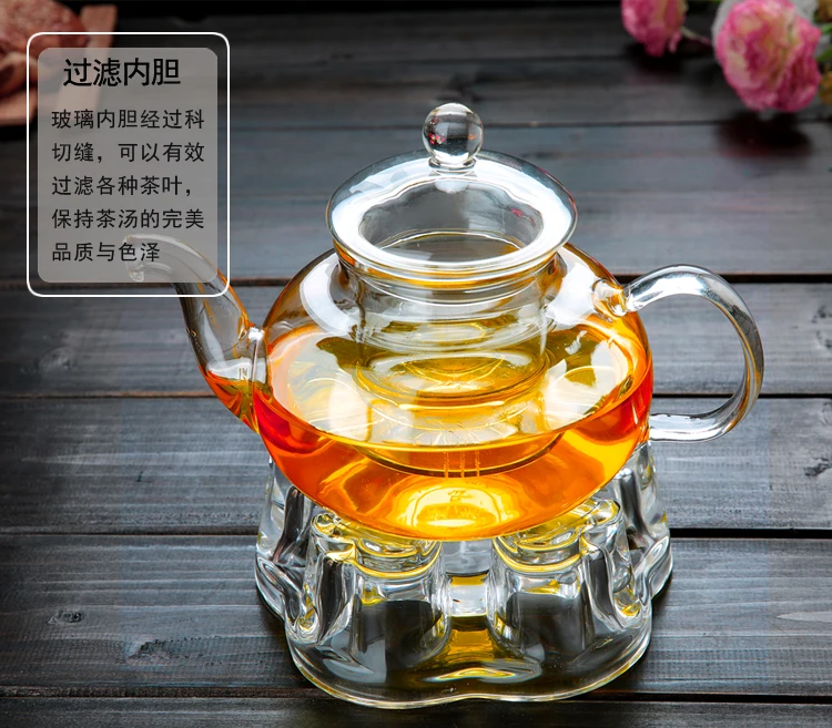 Glass Teapot 600ml + One Heart Shape Warmer Base Tea Set Teapots