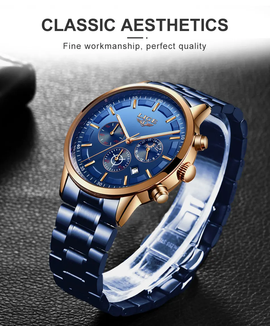 New Fashion Men Watches LIGE Top Brand Luxury Watch Man All Steel Waterproof Quartz Wristwatch Date Clock Relogio Masculino+Box