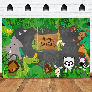 

Woodland Jungle Spring Forest Happy Birthday Backdrop for Photography Green Leaf Safari Party Background Panda Dinosaur Rabbit