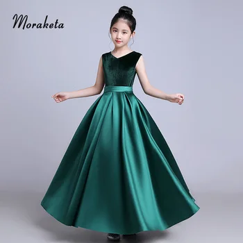 

V-neck Sleeveless Satin Green Flower Girl Dresses Floor-length Long Princess Ball Gowns For Girls Special Occasion Dresses